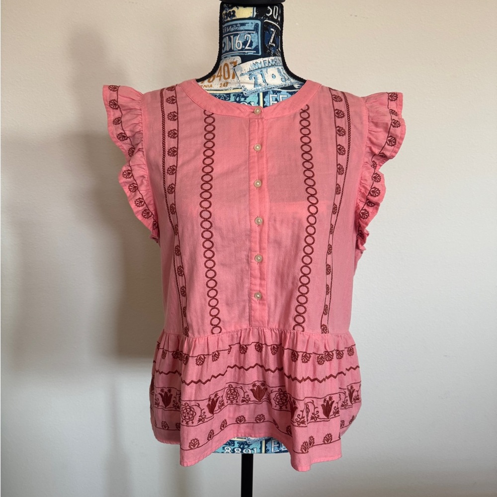 LOFT Pink Embroidered Ruffle Blouse
